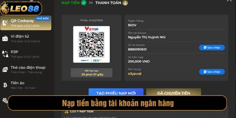 Người chơi có thể chọn hình thức nạp tiền bằng tài khoản ngân hàng 